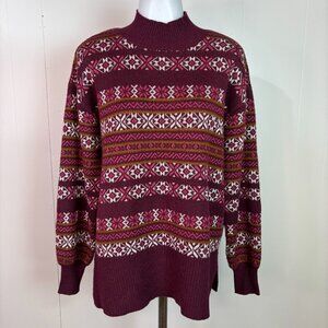 LOFT Sweater Small Burgundy Fair Isle Mock Neck Long Sleeve Holiday Pullover
